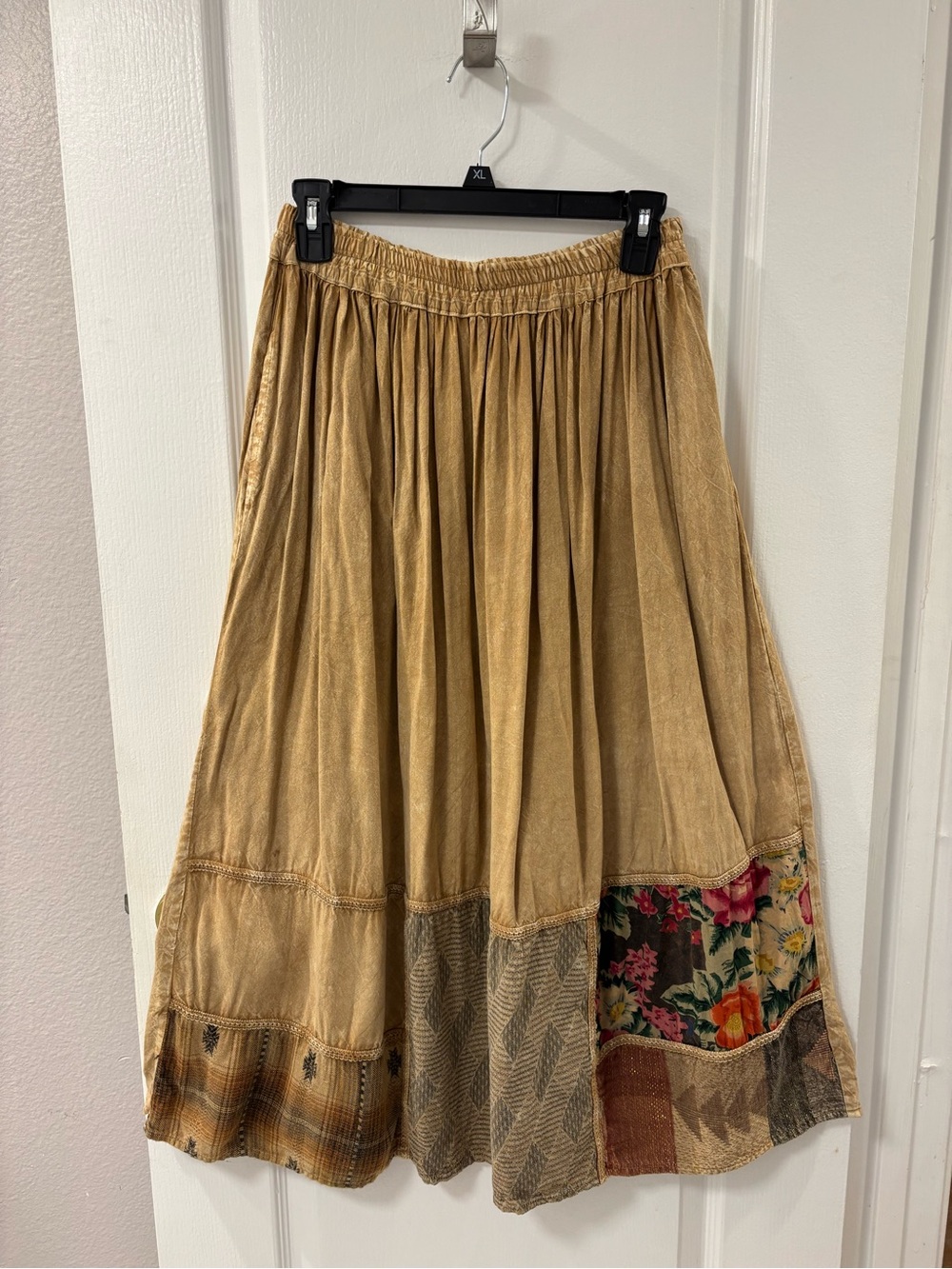 Boho Patchwork Mixed Print Tan Maxi Skirt S